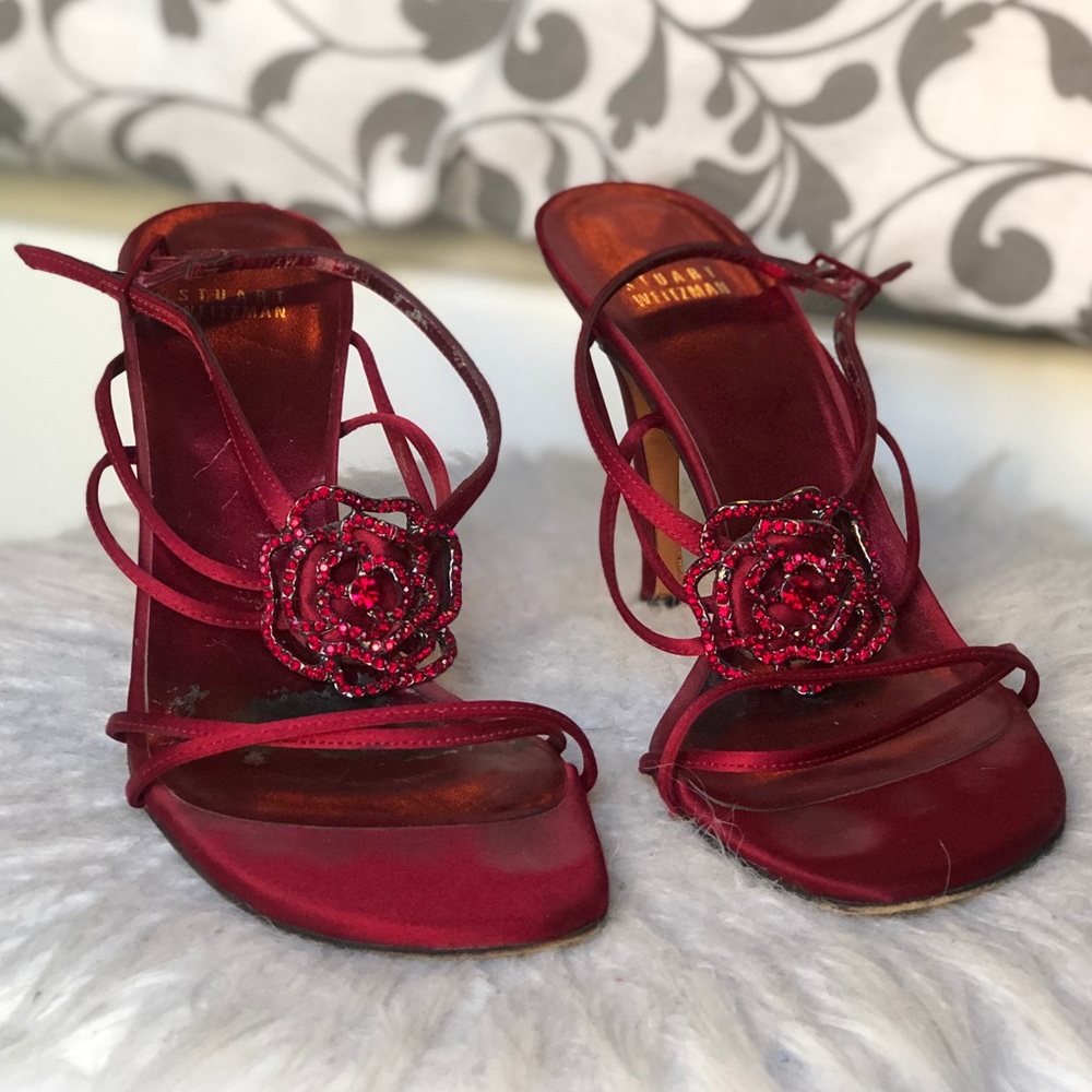 Stuart Weitzman red satin block heels